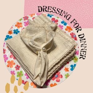 New Set 10 Flax Dinner Napkins with Lace Natural Color & Faux Pearl-Gold Rings